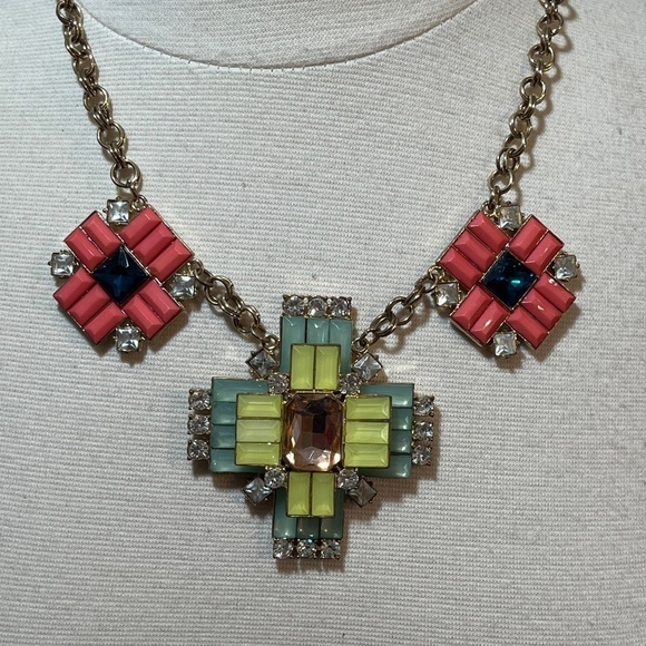 Bauble Bar Necklace 10" Pink Floral Rhinestone Lucite Geometric Retro Boho Indie - Picture 1 of 10